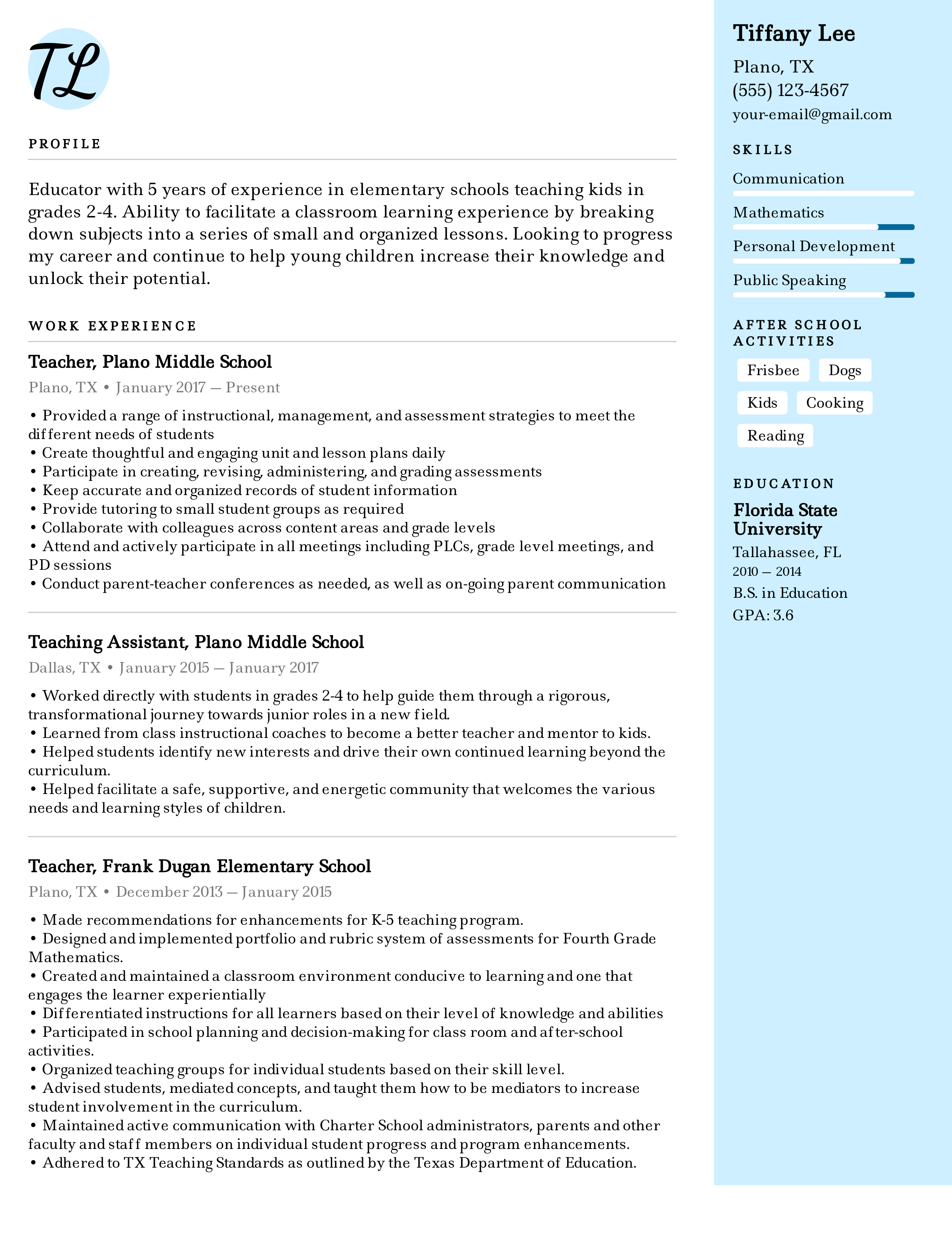 Best Teacher Resume Examples Samples